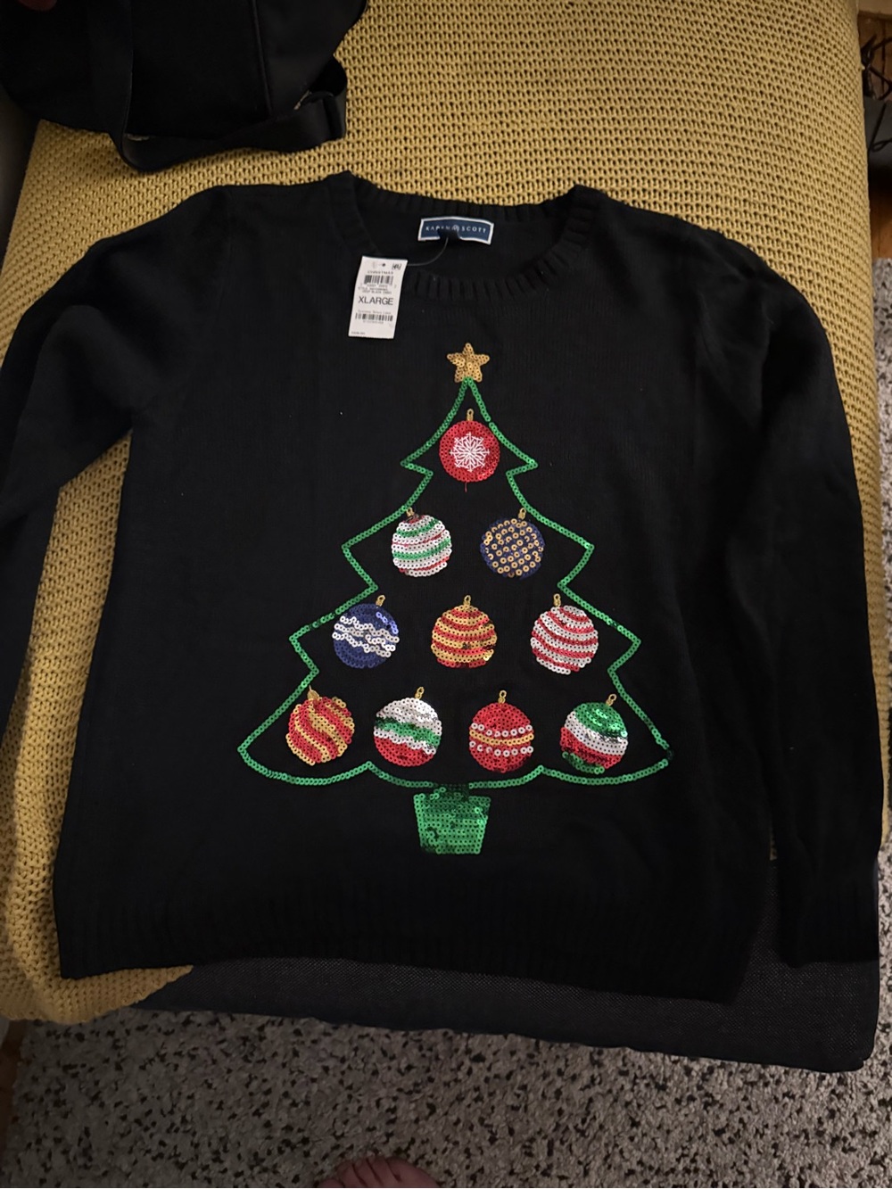 Karen Scott Black Sequin Christmas Tree Sweater with Multicolor Ornaments